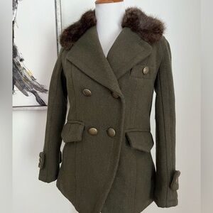 American Eagle Green Wool Coat with Faux Fur Collar Size XS